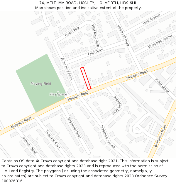74, MELTHAM ROAD, HONLEY, HOLMFIRTH, HD9 6HL: Location map and indicative extent of plot