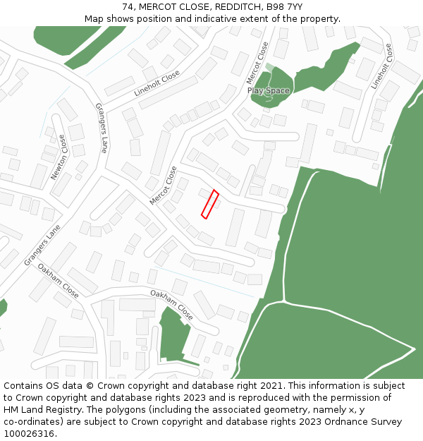 74, MERCOT CLOSE, REDDITCH, B98 7YY: Location map and indicative extent of plot