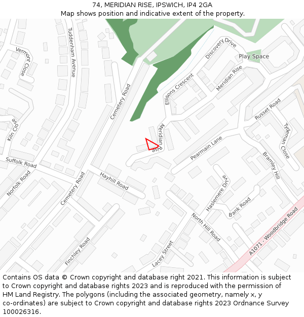 74, MERIDIAN RISE, IPSWICH, IP4 2GA: Location map and indicative extent of plot