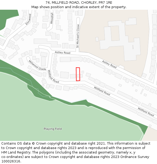 74, MILLFIELD ROAD, CHORLEY, PR7 1RE: Location map and indicative extent of plot