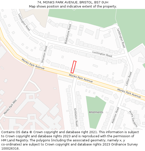 74, MONKS PARK AVENUE, BRISTOL, BS7 0UH: Location map and indicative extent of plot