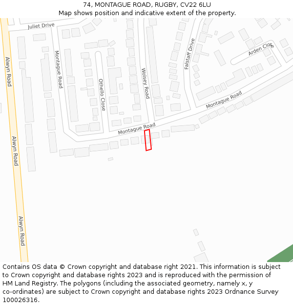 74, MONTAGUE ROAD, RUGBY, CV22 6LU: Location map and indicative extent of plot