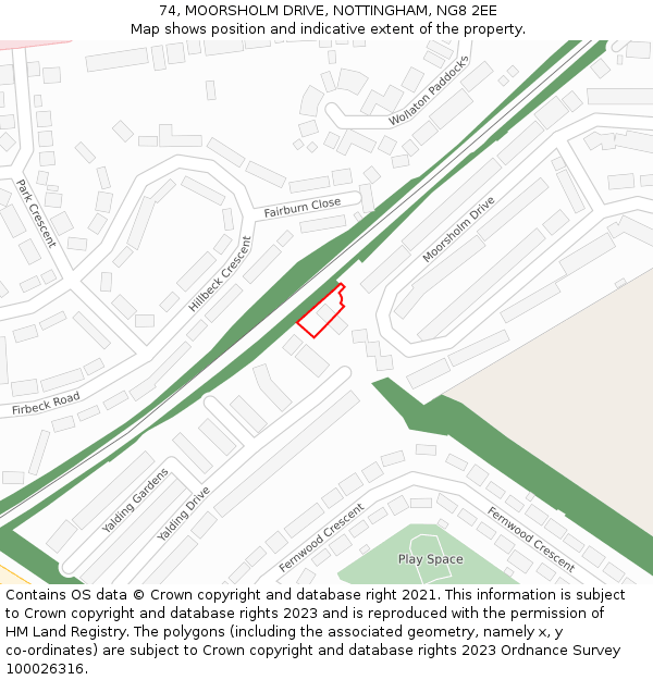 74, MOORSHOLM DRIVE, NOTTINGHAM, NG8 2EE: Location map and indicative extent of plot