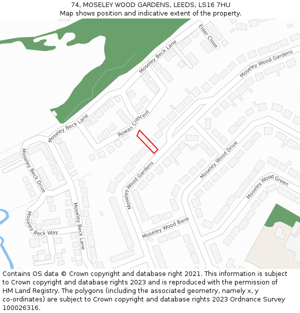 74, MOSELEY WOOD GARDENS, LEEDS, LS16 7HU: Location map and indicative extent of plot