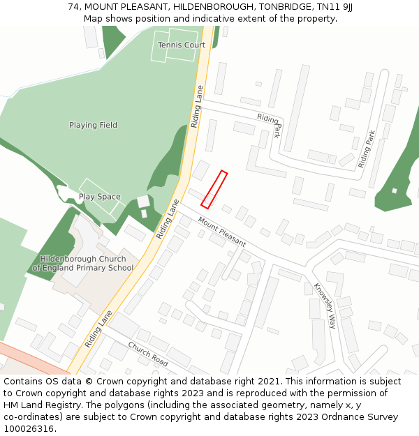 74, MOUNT PLEASANT, HILDENBOROUGH, TONBRIDGE, TN11 9JJ: Location map and indicative extent of plot