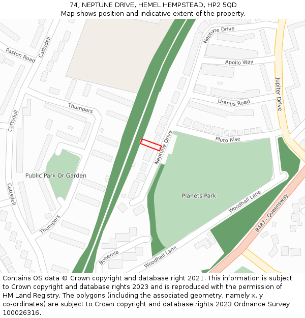 74, NEPTUNE DRIVE, HEMEL HEMPSTEAD, HP2 5QD: Location map and indicative extent of plot