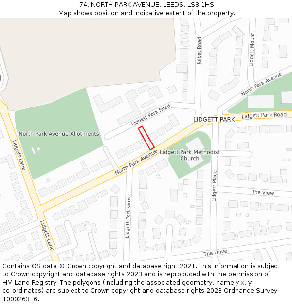 74, NORTH PARK AVENUE, LEEDS, LS8 1HS: Location map and indicative extent of plot