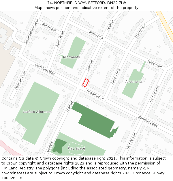 74, NORTHFIELD WAY, RETFORD, DN22 7LW: Location map and indicative extent of plot