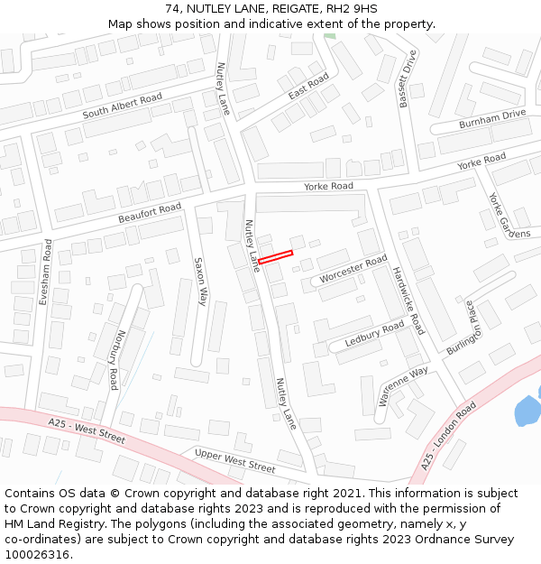 74, NUTLEY LANE, REIGATE, RH2 9HS: Location map and indicative extent of plot