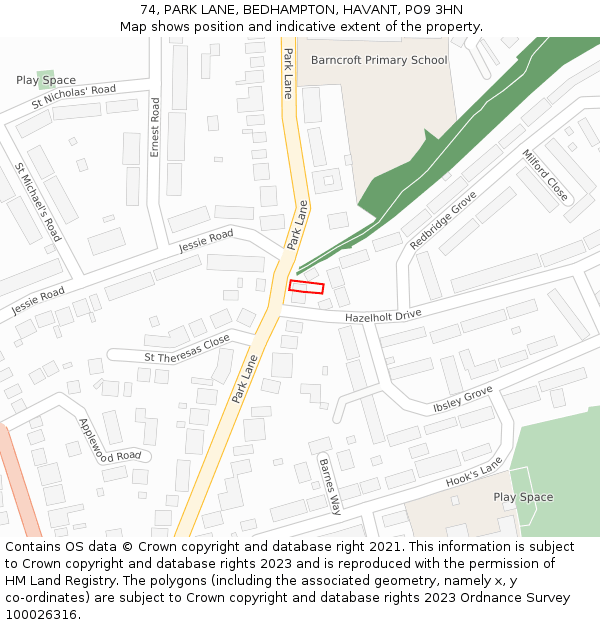 74, PARK LANE, BEDHAMPTON, HAVANT, PO9 3HN: Location map and indicative extent of plot