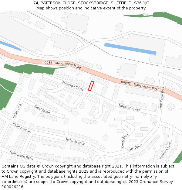 74, PATERSON CLOSE, STOCKSBRIDGE, SHEFFIELD, S36 1JG: Location map and indicative extent of plot