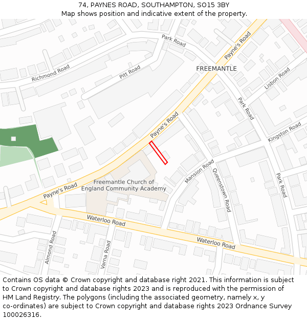 74, PAYNES ROAD, SOUTHAMPTON, SO15 3BY: Location map and indicative extent of plot