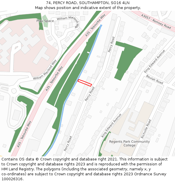 74, PERCY ROAD, SOUTHAMPTON, SO16 4LN: Location map and indicative extent of plot