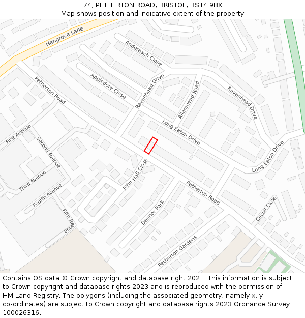 74, PETHERTON ROAD, BRISTOL, BS14 9BX: Location map and indicative extent of plot