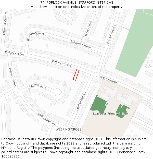 74, PORLOCK AVENUE, STAFFORD, ST17 0HS: Location map and indicative extent of plot
