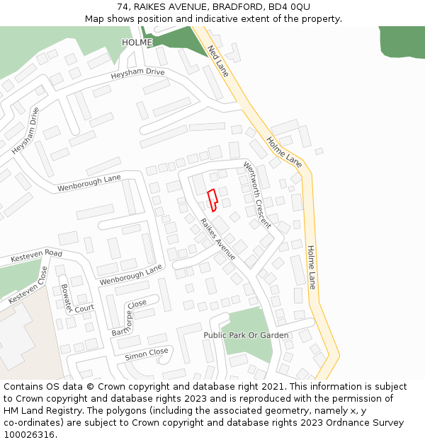 74, RAIKES AVENUE, BRADFORD, BD4 0QU: Location map and indicative extent of plot