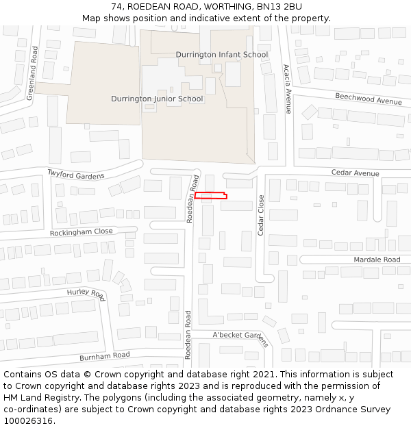 74, ROEDEAN ROAD, WORTHING, BN13 2BU: Location map and indicative extent of plot