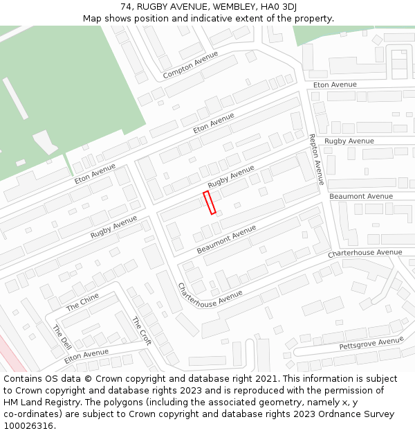 74, RUGBY AVENUE, WEMBLEY, HA0 3DJ: Location map and indicative extent of plot