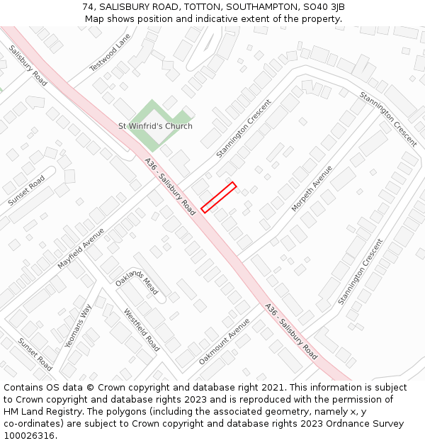74, SALISBURY ROAD, TOTTON, SOUTHAMPTON, SO40 3JB: Location map and indicative extent of plot