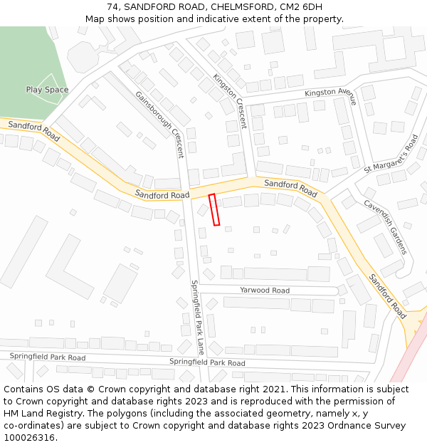 74, SANDFORD ROAD, CHELMSFORD, CM2 6DH: Location map and indicative extent of plot