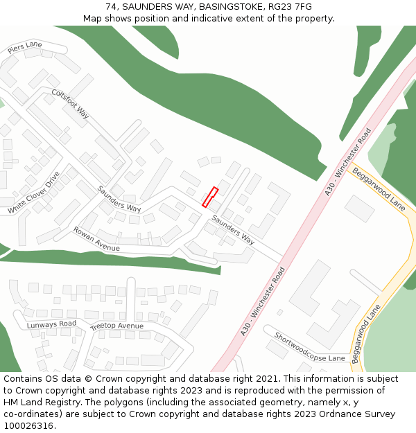 74, SAUNDERS WAY, BASINGSTOKE, RG23 7FG: Location map and indicative extent of plot