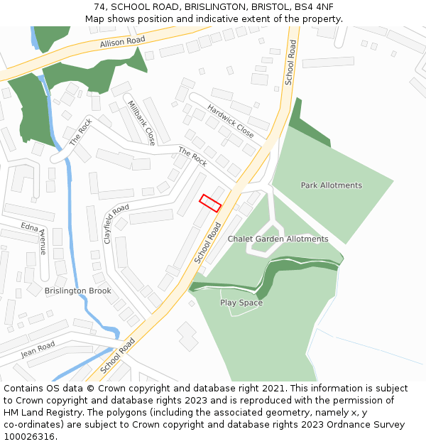 74, SCHOOL ROAD, BRISLINGTON, BRISTOL, BS4 4NF: Location map and indicative extent of plot