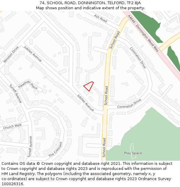 74, SCHOOL ROAD, DONNINGTON, TELFORD, TF2 8JA: Location map and indicative extent of plot