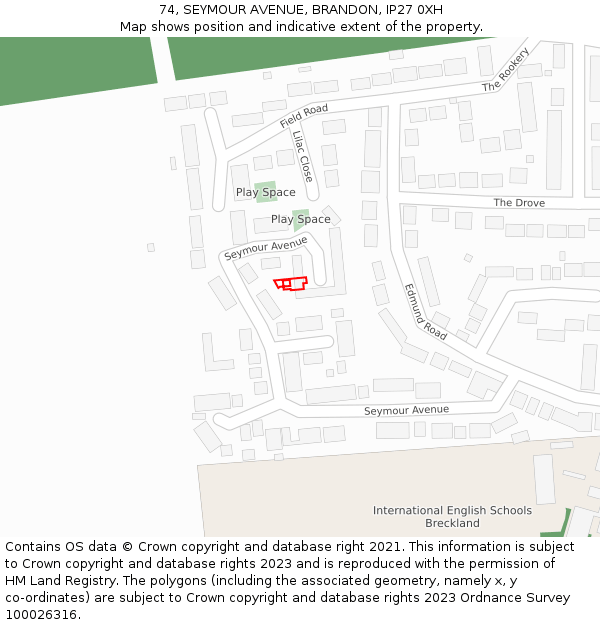 74, SEYMOUR AVENUE, BRANDON, IP27 0XH: Location map and indicative extent of plot