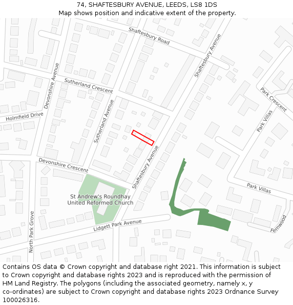 74, SHAFTESBURY AVENUE, LEEDS, LS8 1DS: Location map and indicative extent of plot