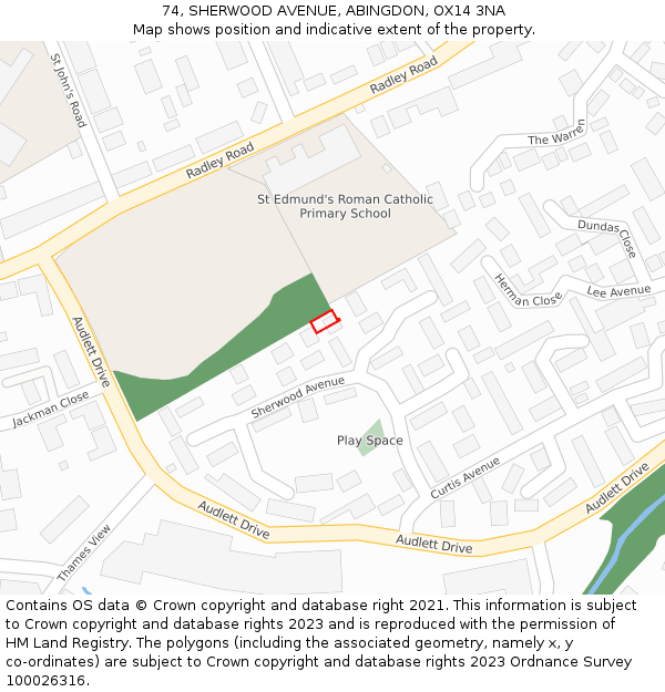 74, SHERWOOD AVENUE, ABINGDON, OX14 3NA: Location map and indicative extent of plot