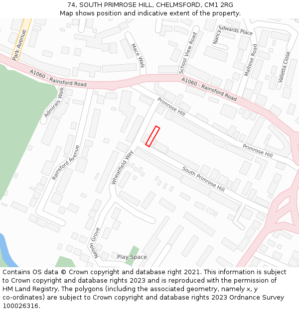 74, SOUTH PRIMROSE HILL, CHELMSFORD, CM1 2RG: Location map and indicative extent of plot