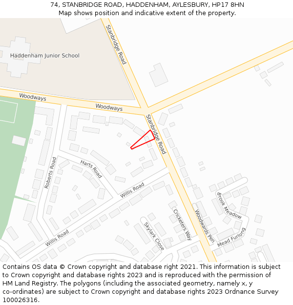 74, STANBRIDGE ROAD, HADDENHAM, AYLESBURY, HP17 8HN: Location map and indicative extent of plot