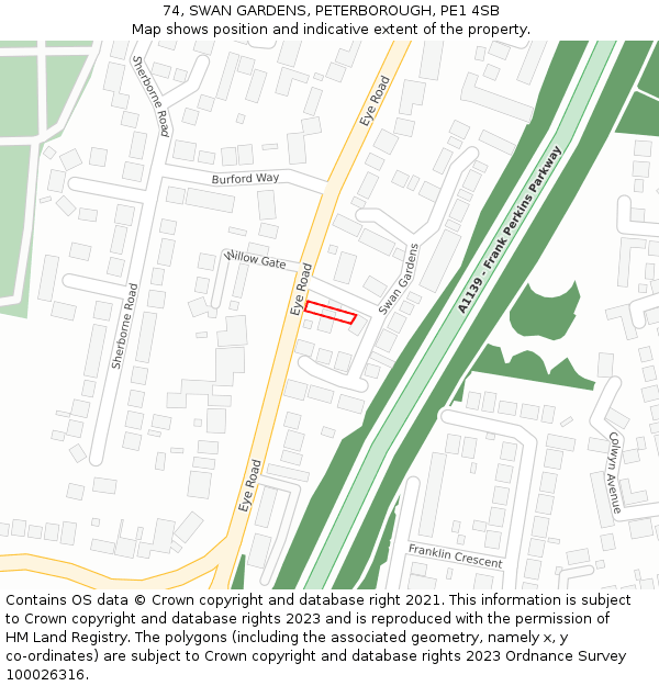 74, SWAN GARDENS, PETERBOROUGH, PE1 4SB: Location map and indicative extent of plot