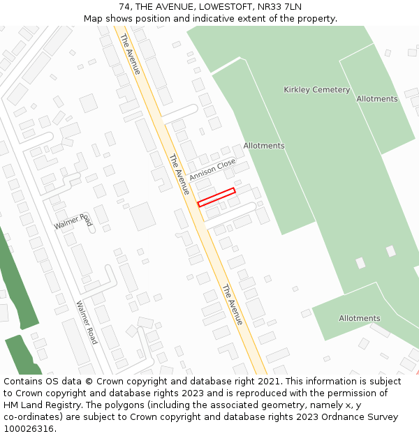 74, THE AVENUE, LOWESTOFT, NR33 7LN: Location map and indicative extent of plot
