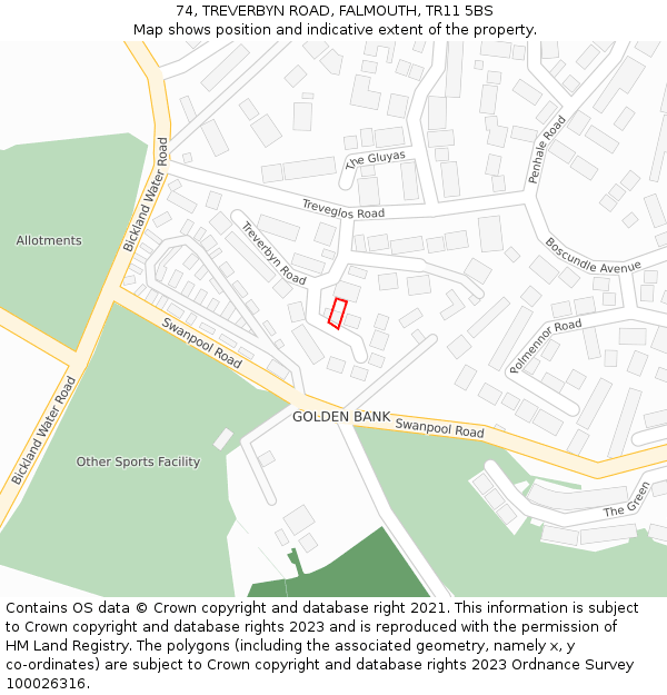 74, TREVERBYN ROAD, FALMOUTH, TR11 5BS: Location map and indicative extent of plot