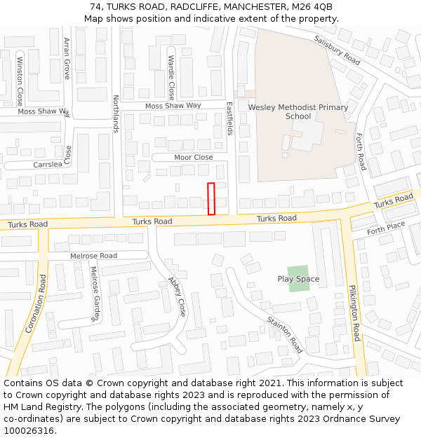 74, TURKS ROAD, RADCLIFFE, MANCHESTER, M26 4QB: Location map and indicative extent of plot