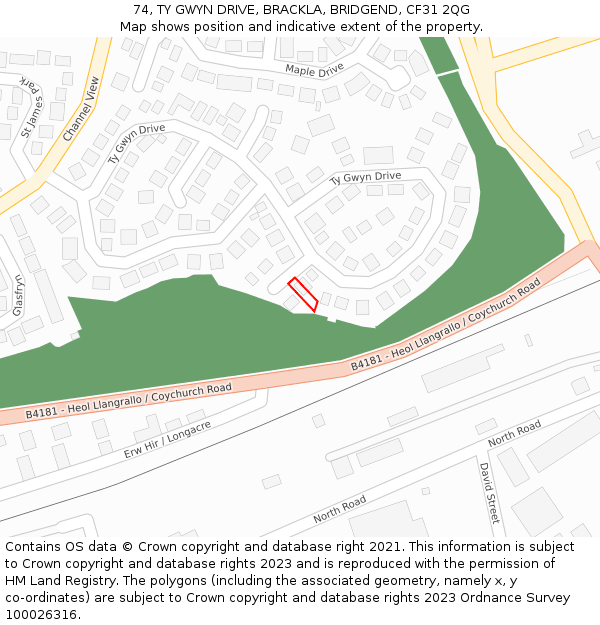 74, TY GWYN DRIVE, BRACKLA, BRIDGEND, CF31 2QG: Location map and indicative extent of plot
