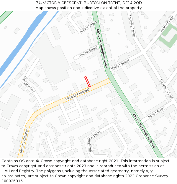 74, VICTORIA CRESCENT, BURTON-ON-TRENT, DE14 2QD: Location map and indicative extent of plot