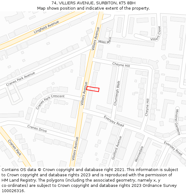 74, VILLIERS AVENUE, SURBITON, KT5 8BH: Location map and indicative extent of plot