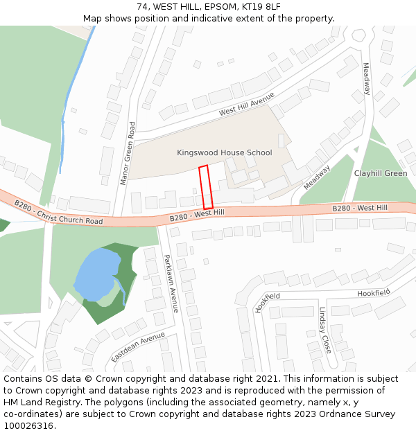 74, WEST HILL, EPSOM, KT19 8LF: Location map and indicative extent of plot