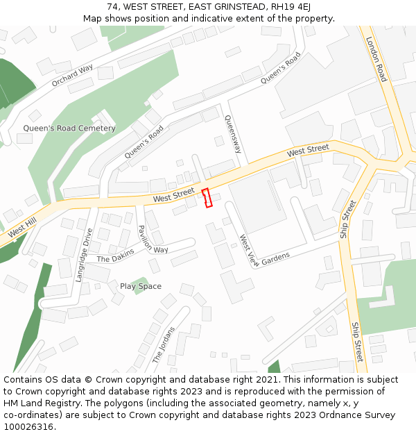 74, WEST STREET, EAST GRINSTEAD, RH19 4EJ: Location map and indicative extent of plot