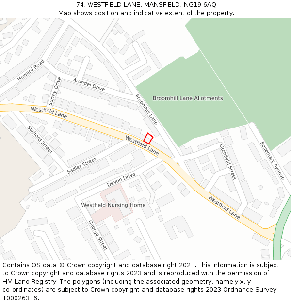 74, WESTFIELD LANE, MANSFIELD, NG19 6AQ: Location map and indicative extent of plot