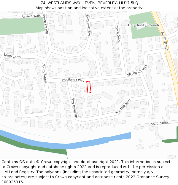 74, WESTLANDS WAY, LEVEN, BEVERLEY, HU17 5LQ: Location map and indicative extent of plot