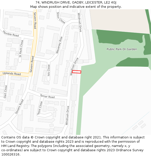 74, WINDRUSH DRIVE, OADBY, LEICESTER, LE2 4GJ: Location map and indicative extent of plot