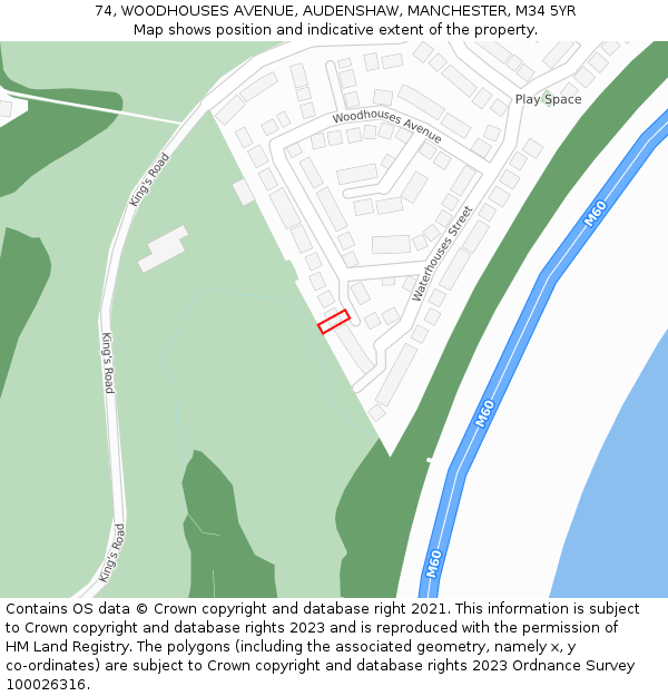 74, WOODHOUSES AVENUE, AUDENSHAW, MANCHESTER, M34 5YR: Location map and indicative extent of plot