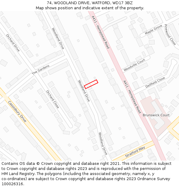 74, WOODLAND DRIVE, WATFORD, WD17 3BZ: Location map and indicative extent of plot