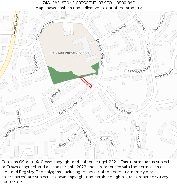 74A, EARLSTONE CRESCENT, BRISTOL, BS30 8AD: Location map and indicative extent of plot