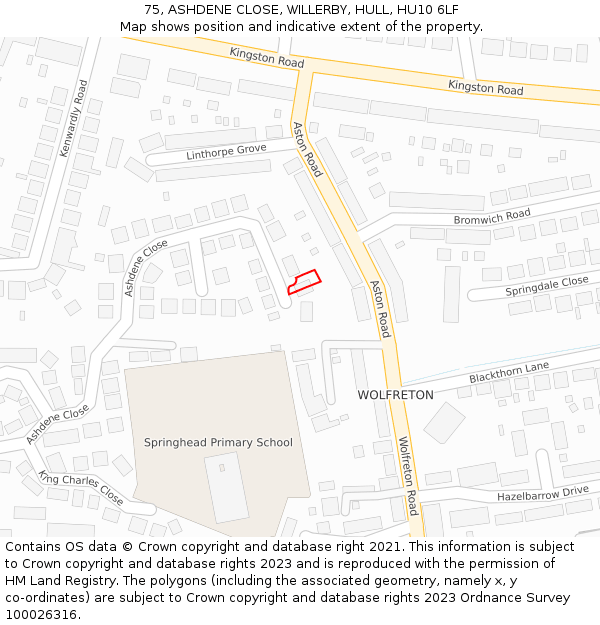 75, ASHDENE CLOSE, WILLERBY, HULL, HU10 6LF: Location map and indicative extent of plot