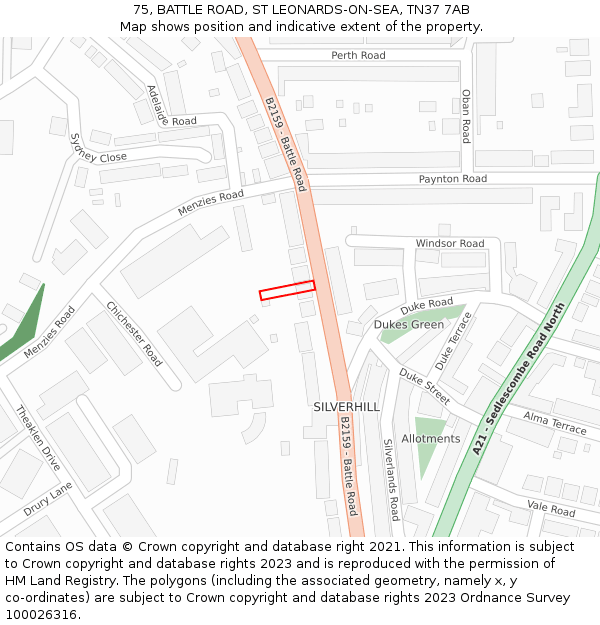 75, BATTLE ROAD, ST LEONARDS-ON-SEA, TN37 7AB: Location map and indicative extent of plot