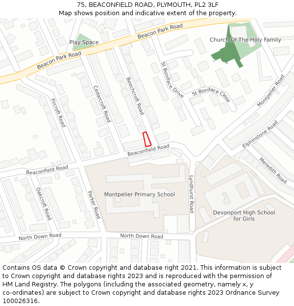 75, BEACONFIELD ROAD, PLYMOUTH, PL2 3LF: Location map and indicative extent of plot